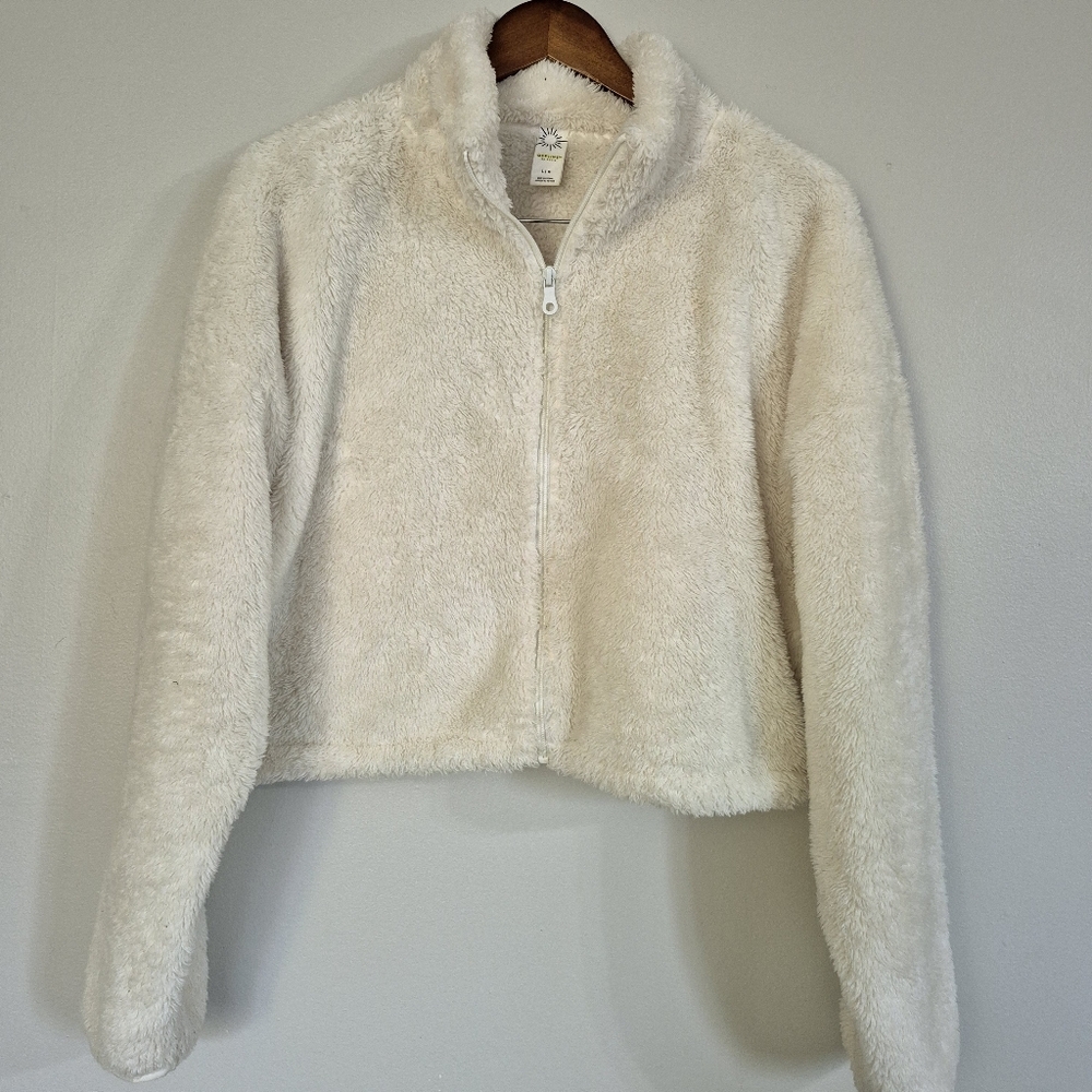 Offline By Aerie Cozy Fluffy Teddy Crop Sweater Full Zip Adjustable Waist Lar…